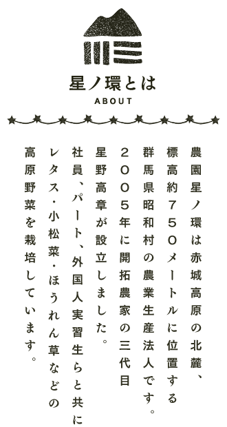 星ノ環とは／農園星ノ環は赤城高原の北麓、標高約７５０メートルに位置する群馬県昭和村の農業生産法人です。２００５年に開拓農家の三代目星野高章が設立しました。社員、パート、外国人実習生らと共にレタス･小松菜･ほうれん草などの高原野菜を栽培しています。